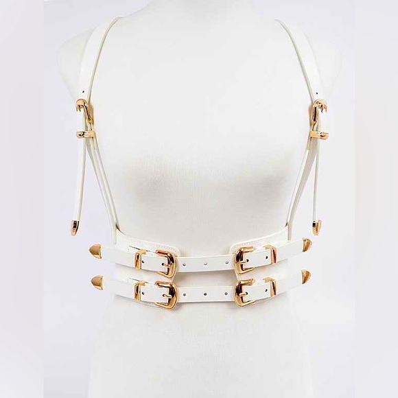 Accessories - White leather Suspenders Harness Statement Belt